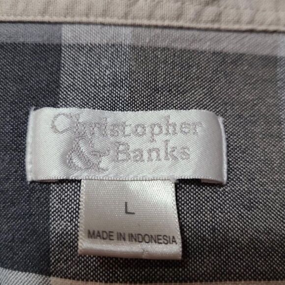 Christopher Banks Cotton Taupe Gray Black Plaid Button Down size Large - Picture 2 of 10